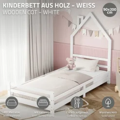 Kinderbett Haus 90x200 cm Weiß mit Matratze H:10cm Holzbett für Kinder mit Lattenrost Schornstein Design ML-Design