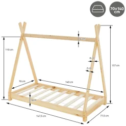 Kinderbett Tipi 70x140 cm aus Kiefernholz Holzbett mit Lattenrost ML-Design