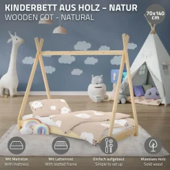 Kinderbett Tipi 70x140 cm aus Kiefernholz inkl. Matratze H-10cm Holzbett mit Lattenrost ML-Design