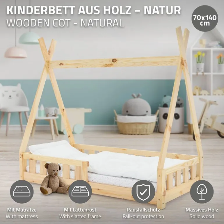 Kinderbett Tipi 70x140 cm aus Kiefernholz inkl. Matratze H-10cm Rausfallschutz und Lattenrost ML-Design
