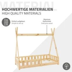 Kinderbett Tipi 70x140 cm aus Kiefernholz inkl. Matratze H-10cm Rausfallschutz und Lattenrost ML-Design