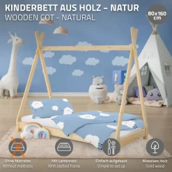 Kinderbett Tipi 80x160 cm aus Kiefernholz Holzbett mit Lattenrost ML-Design