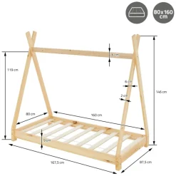 Kinderbett Tipi 80x160 cm aus Kiefernholz Holzbett mit Lattenrost ML-Design