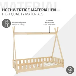 Kinderbett Tipi 80x160 cm aus Kiefernholz inkl. Matratze H-10cm Rausfallschutz und Lattenrost ML-Design