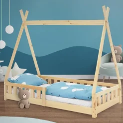 Kinderbett Tipi 80x160 cm aus Kiefernholz mit Rausfallschutz und Lattenrost Holzbett ML-Design