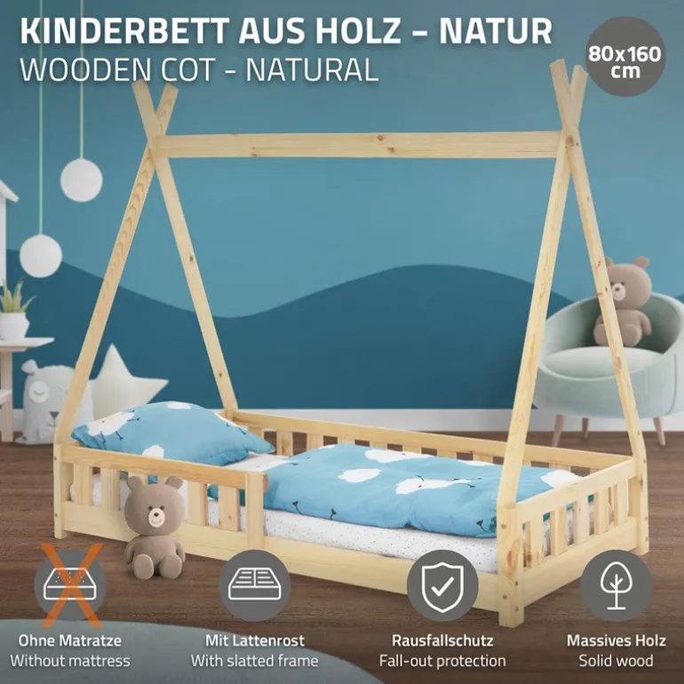 Kinderbett Tipi 80x160 cm aus Kiefernholz mit Rausfallschutz und Lattenrost Holzbett ML-Design