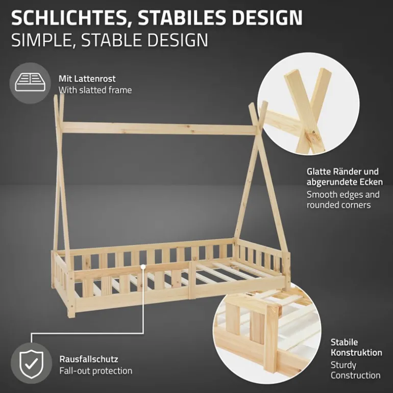 Kinderbett Tipi 80x160 cm aus Kiefernholz mit Rausfallschutz und Lattenrost Holzbett ML-Design