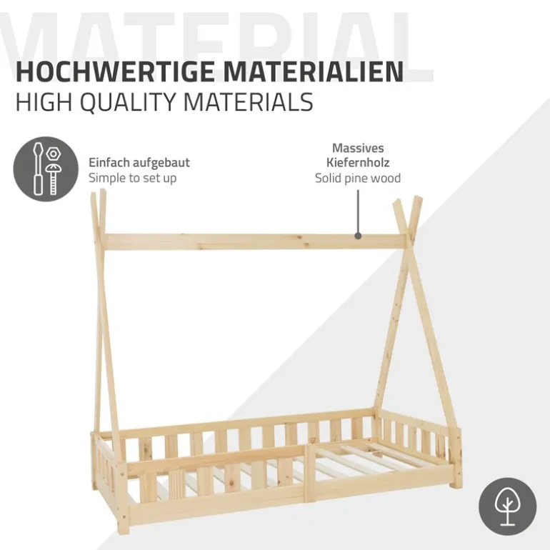 Kinderbett Tipi 80x160 cm aus Kiefernholz mit Rausfallschutz und Lattenrost Holzbett ML-Design
