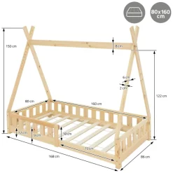 Kinderbett Tipi 80x160 cm aus Kiefernholz mit Rausfallschutz und Lattenrost Holzbett ML-Design