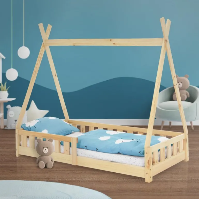 Kinderbett Tipi 80x160 cm aus Kiefernholz mit Rausfallschutz und Lattenrost Holzbett ML-Design