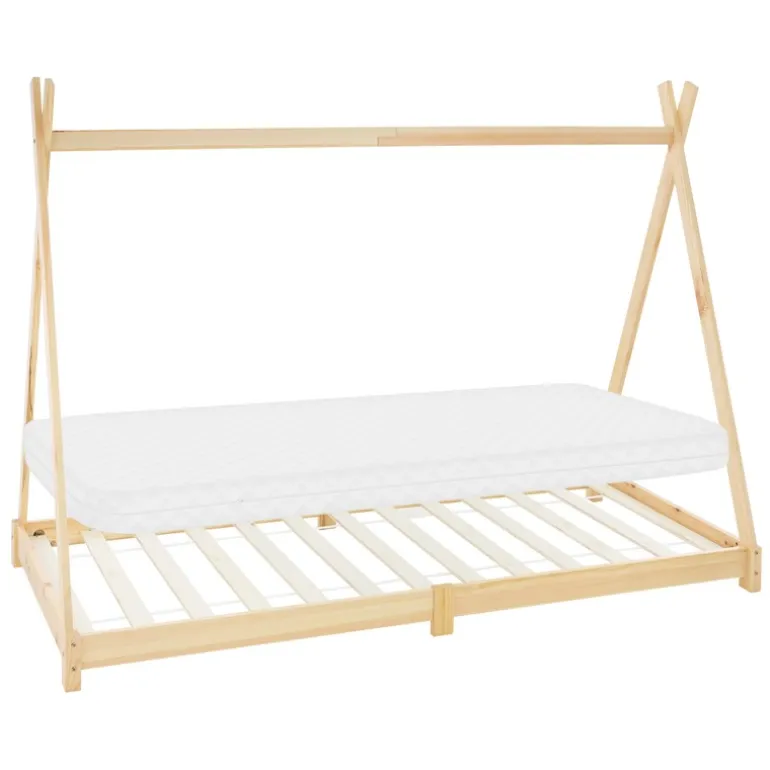 Kinderbett Tipi 90x200 cm aus Kiefernholz inkl. Matratze H-10cm Holzbett mit Lattenrost ML-Design