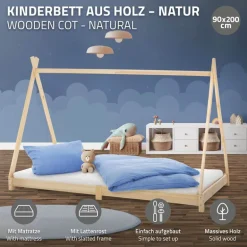 Kinderbett Tipi 90x200 cm aus Kiefernholz inkl. Matratze H-10cm Holzbett mit Lattenrost ML-Design