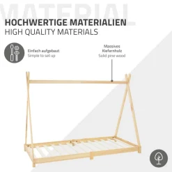 Kinderbett Tipi 90x200 cm aus Kiefernholz inkl. Matratze H-10cm Holzbett mit Lattenrost ML-Design