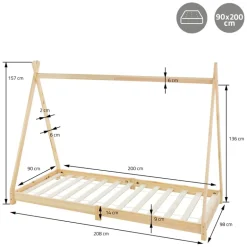 Kinderbett Tipi 90x200 cm aus Kiefernholz inkl. Matratze H-10cm Holzbett mit Lattenrost ML-Design