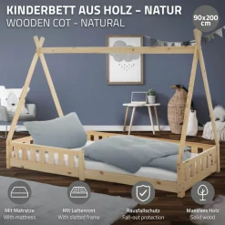 Kinderbett Tipi 90x200 cm aus Kiefernholz inkl. Matratze H-10cm Rausfallschutz und Lattenrost ML-Design