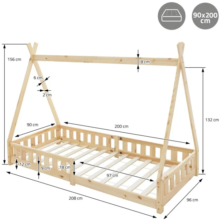 Kinderbett Tipi 90x200 cm aus Kiefernholz inkl. Matratze H-10cm Rausfallschutz und Lattenrost ML-Design