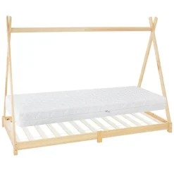 Kinderbett Tipi 90x200 cm aus Kiefernholz inkl. Matratze H-16cm Holzbett mit Lattenrost ML-Design