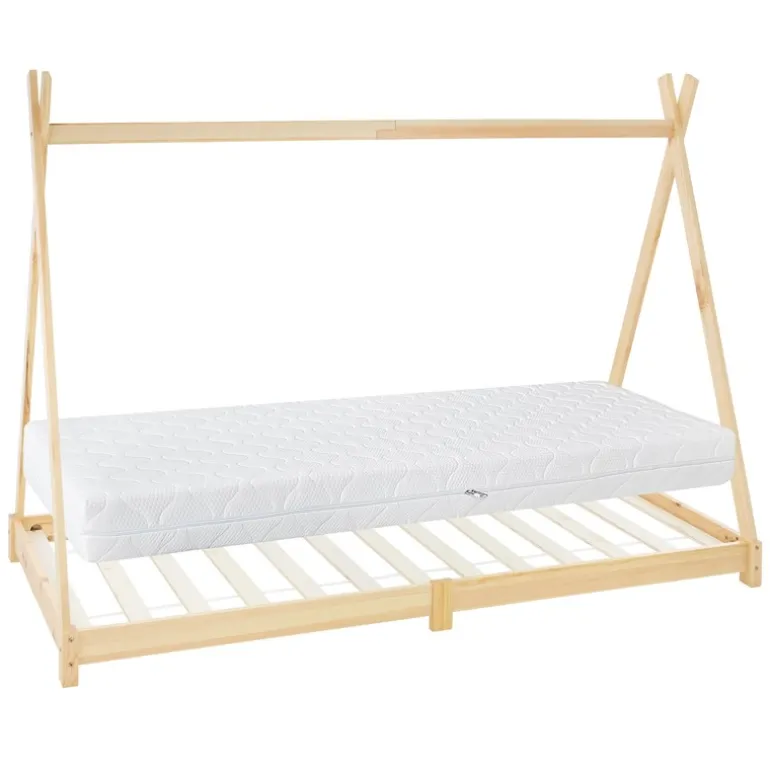 Kinderbett Tipi 90x200 cm aus Kiefernholz inkl. Matratze H-16cm Holzbett mit Lattenrost ML-Design