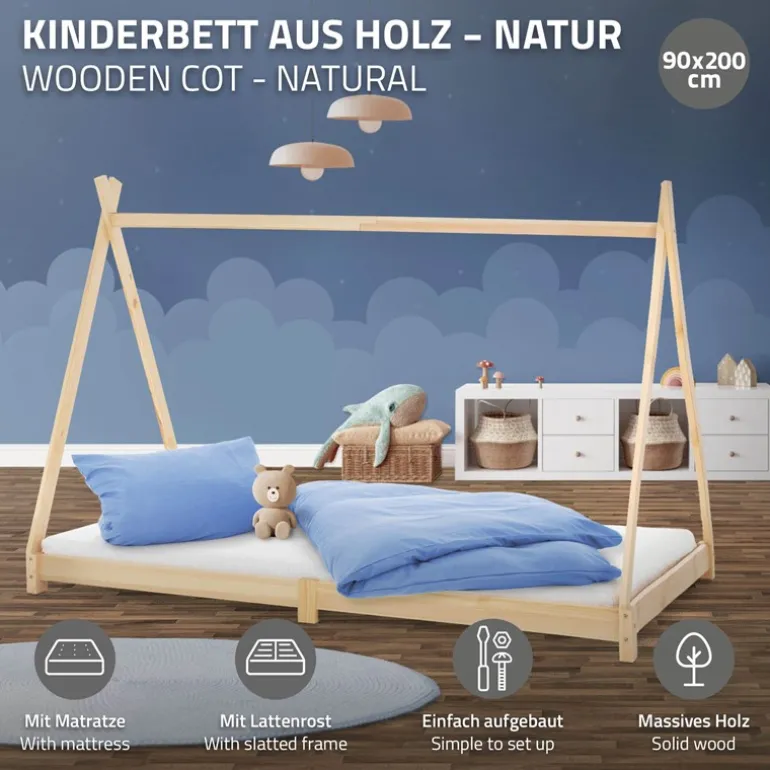 Kinderbett Tipi 90x200 cm aus Kiefernholz inkl. Matratze H-16cm Holzbett mit Lattenrost ML-Design
