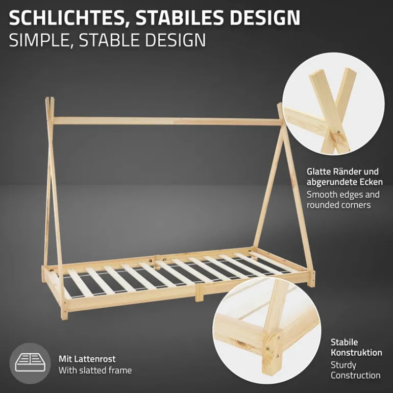Kinderbett Tipi 90x200 cm aus Kiefernholz inkl. Matratze H-16cm Holzbett mit Lattenrost ML-Design