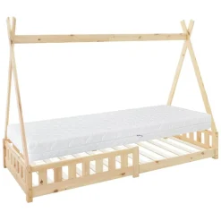 Kinderbett Tipi 90x200 cm aus Kiefernholz inkl. Matratze H-16cm Rausfallschutz und Lattenrost ML-Design