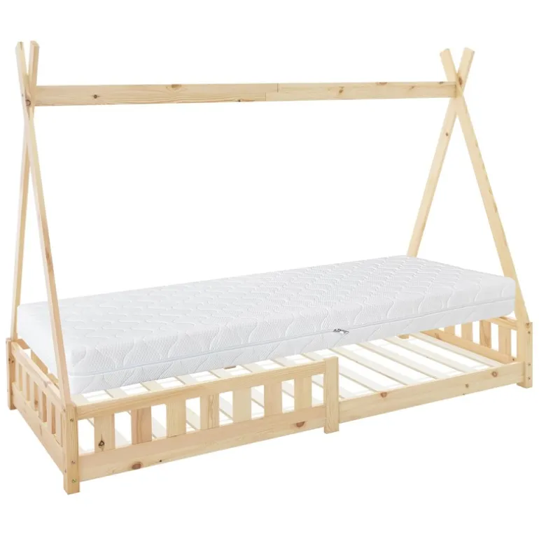 Kinderbett Tipi 90x200 cm aus Kiefernholz inkl. Matratze H-16cm Rausfallschutz und Lattenrost ML-Design