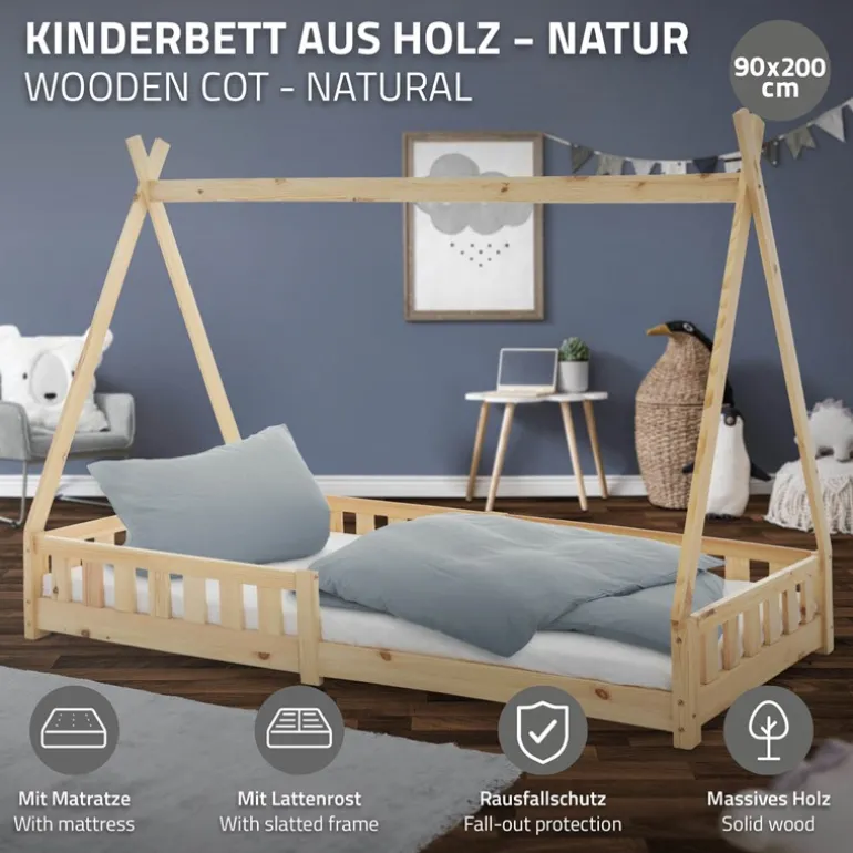 Kinderbett Tipi 90x200 cm aus Kiefernholz inkl. Matratze H-16cm Rausfallschutz und Lattenrost ML-Design