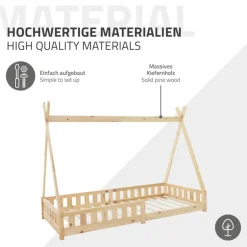 Kinderbett Tipi 90x200 cm aus Kiefernholz inkl. Matratze H-16cm Rausfallschutz und Lattenrost ML-Design