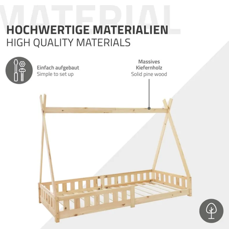 Kinderbett Tipi 90x200 cm aus Kiefernholz inkl. Matratze H-16cm Rausfallschutz und Lattenrost ML-Design