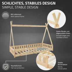 Kinderbett Tipi 90x200 cm aus Kiefernholz mit Rausfallschutz und Lattenrost Holzbett ML-Design