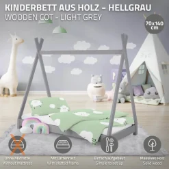 Kinderbett Tipi 70x140 cm Hellgrau aus Kiefernholz Holzbett mit Lattenrost ML-Design