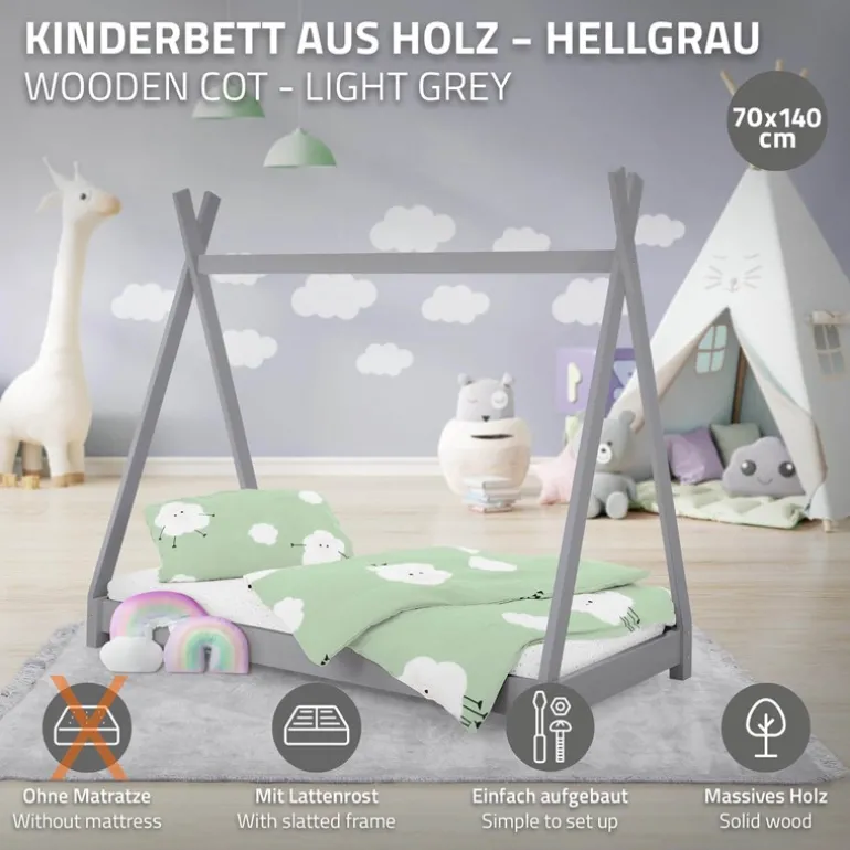 Kinderbett Tipi 70x140 cm Hellgrau aus Kiefernholz Holzbett mit Lattenrost ML-Design