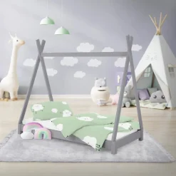Kinderbett Tipi 70x140 cm Hellgrau aus Kiefernholz Holzbett mit Lattenrost ML-Design