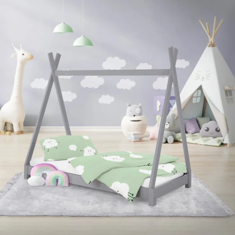 Kinderbett Tipi 70x140 cm Hellgrau aus Kiefernholz Holzbett mit Lattenrost ML-Design