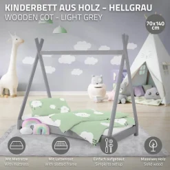 Kinderbett Tipi 70x140 cm Hellgrau aus Kiefernholz inkl. Matratze H-10cm Holzbett mit Lattenrost ML-Design