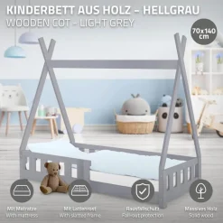 Kinderbett Tipi 70x140 cm Hellgrau aus Kiefernholz inkl. Matratze H-10cm Rausfallschutz und Lattenrost ML-Design