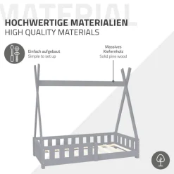Kinderbett Tipi 70x140 cm Hellgrau aus Kiefernholz inkl. Matratze H-10cm Rausfallschutz und Lattenrost ML-Design
