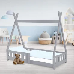 Kinderbett Tipi 70x140 cm Hellgrau aus Kiefernholz mit Rausfallschutz und Lattenrost Holzbett ML-Design