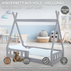 Kinderbett Tipi 70x140 cm Hellgrau aus Kiefernholz mit Rausfallschutz und Lattenrost Holzbett ML-Design