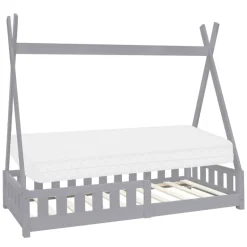 Kinderbett Tipi 80x160 cm Hellgrau aus Kiefernholz inkl. Matratze H-10cm Rausfallschutz und Lattenrost ML-Design