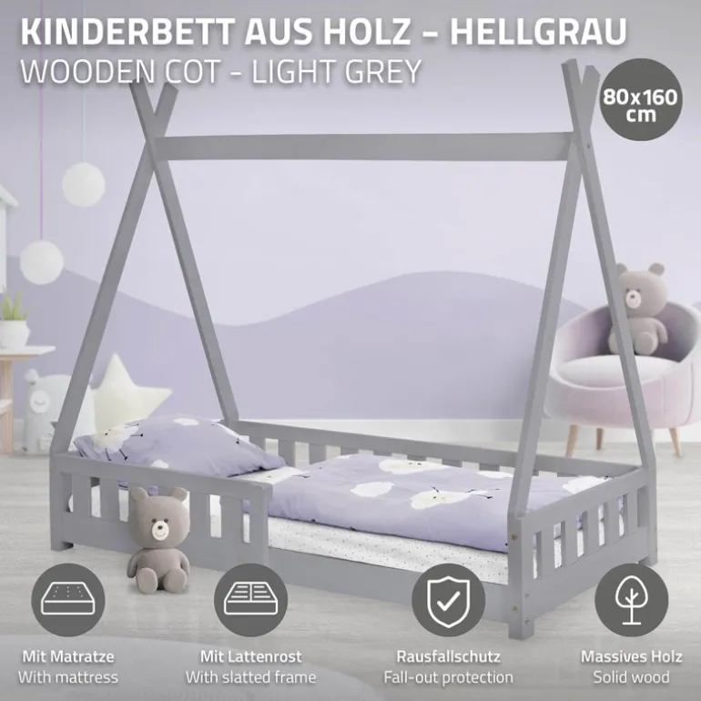Kinderbett Tipi 80x160 cm Hellgrau aus Kiefernholz inkl. Matratze H-10cm Rausfallschutz und Lattenrost ML-Design