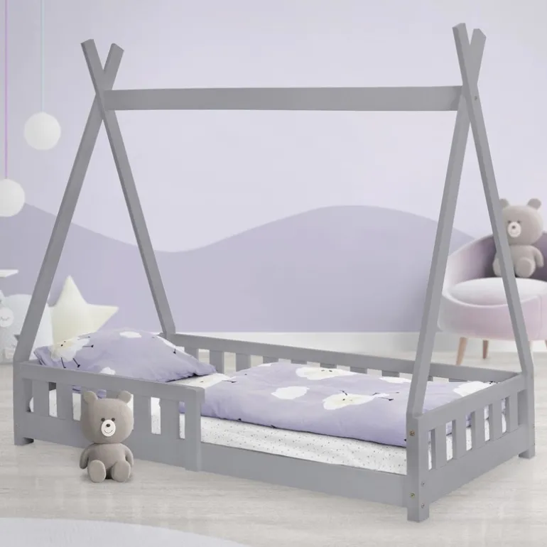 Kinderbett Tipi 80x160 cm Hellgrau aus Kiefernholz mit Rausfallschutz und Lattenrost Holzbett ML-Design