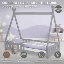 Kinderbett Tipi 80x160 cm Hellgrau aus Kiefernholz mit Rausfallschutz und Lattenrost Holzbett ML-Design