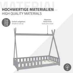 Kinderbett Tipi 80x160 cm Hellgrau aus Kiefernholz mit Rausfallschutz und Lattenrost Holzbett ML-Design
