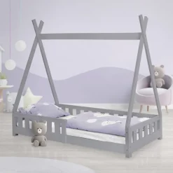 Kinderbett Tipi 80x160 cm Hellgrau aus Kiefernholz mit Rausfallschutz und Lattenrost Holzbett ML-Design