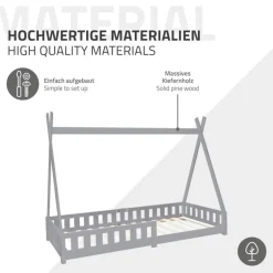 Kinderbett Tipi 90x200 cm Hellgrau aus Kiefernholz inkl. Matratze H-10cm Rausfallschutz und Lattenrost ML-Design