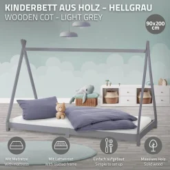 Kinderbett Tipi 90x200 cm Hellgrau aus Kiefernholz inkl. Matratze H-16cm Holzbett mit Lattenrost ML-Design