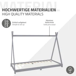 Kinderbett Tipi 90x200 cm Hellgrau aus Kiefernholz inkl. Matratze H-16cm Holzbett mit Lattenrost ML-Design