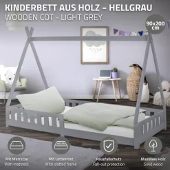 Kinderbett Tipi 90x200 cm Hellgrau aus Kiefernholz inkl. Matratze H-16cm Rausfallschutz und Lattenrost ML-Design