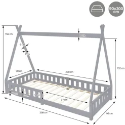 Kinderbett Tipi 90x200 cm Hellgrau aus Kiefernholz inkl. Matratze H-16cm Rausfallschutz und Lattenrost ML-Design